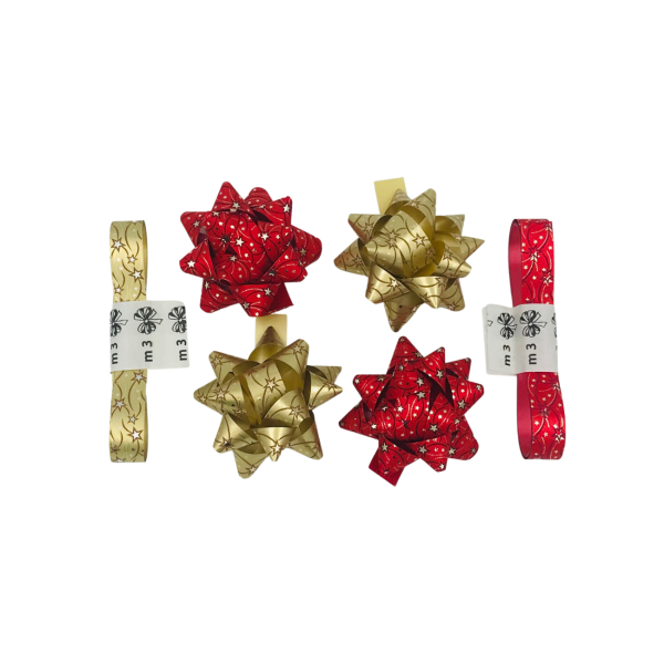 Pakkekomplekt "Punased ja kuldsed rosetid ja pakkelindid"