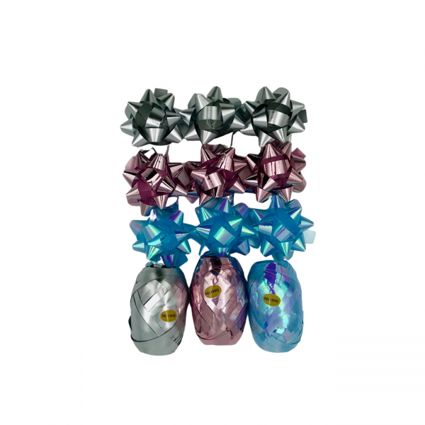 Pakkekomplektid "Hõbedased, Roosad ja Sinised rosetid ning pakkepaelad"