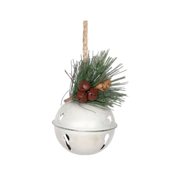 Jõulukaunistus metallist "Kelluke kuuseoksa ja käbiga" (Hõbedane) Ø7,5cm