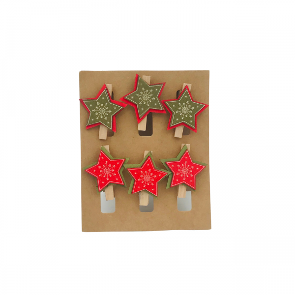 Jõulukaunistus pesulõksud "Tähed (Punane/Roheline)"