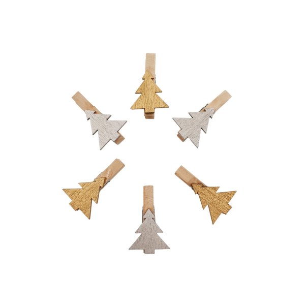 Jõulukaunistus puidust pesulõksud "Kuusepuud" (Kuldne ja Hõbedane)