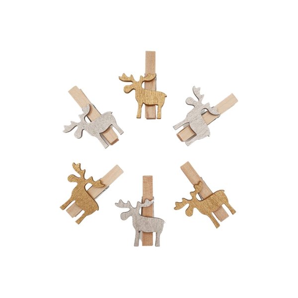 Jõulukaunistus puidust pesulõksud "Põhjapõdrad (Kuldne ja Hõbedane)