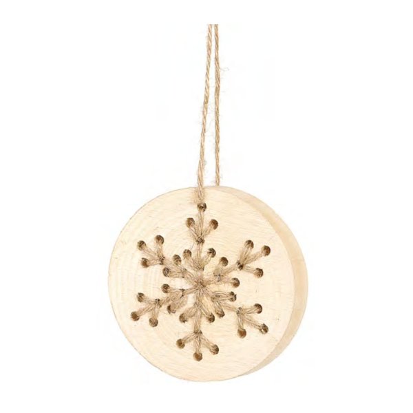 Jõulukaunistus puidust "Lumehelves läbipõimitud nööriga" (Naturaalne) Ø8cm