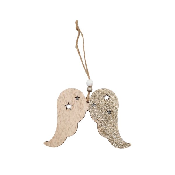 Jõulukaunistus puidust "Inglitiivad tähekestega" (Naturaalne/kuldne sädelus)