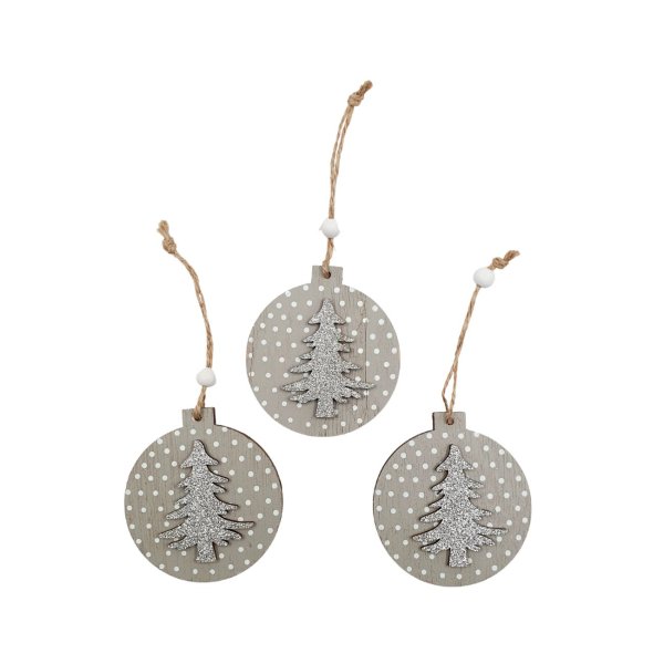 Jõulukaunistus puidust "Jõuluehe valged täpid naturaalsel puidul (Hõbedase sädeleva kuusepuuga)" Ø7,2cm