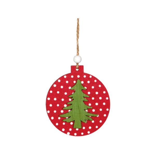 Jõulukaunistus puidust "Jõuluehe valged täpid punasel (Rohelise kuusega)" Ø7,2cm