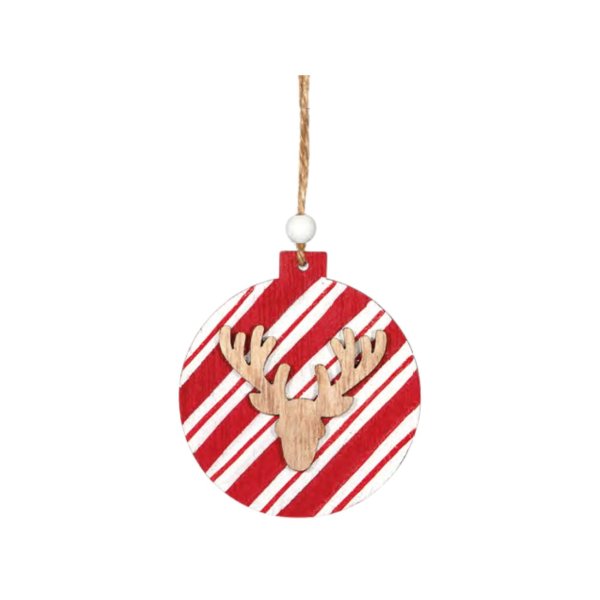 Jõulukaunistus puidust "Jõuluehe puna-valge triibuline Põhjapõdra peaga" Ø7,2cm