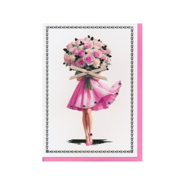 Ekslusiivne õnnitluskaart "Naine roosa lillekimbuga"